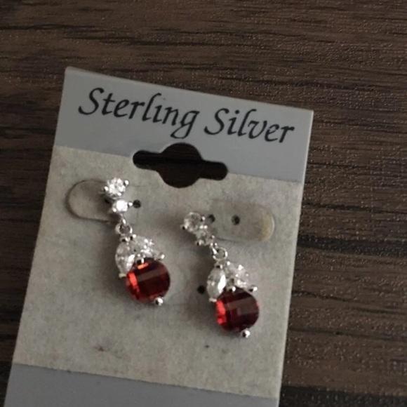 Sterling Silver Drop Earrings with red stones - Picture 2 of 4
